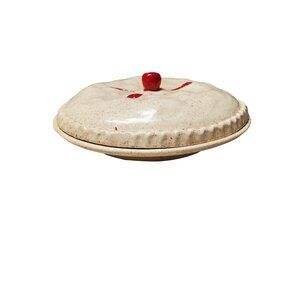 Vintage 10" Wide Ceramic Covered Pie Dish w/ Cherry Shaped Handle / Pie Keeper,
